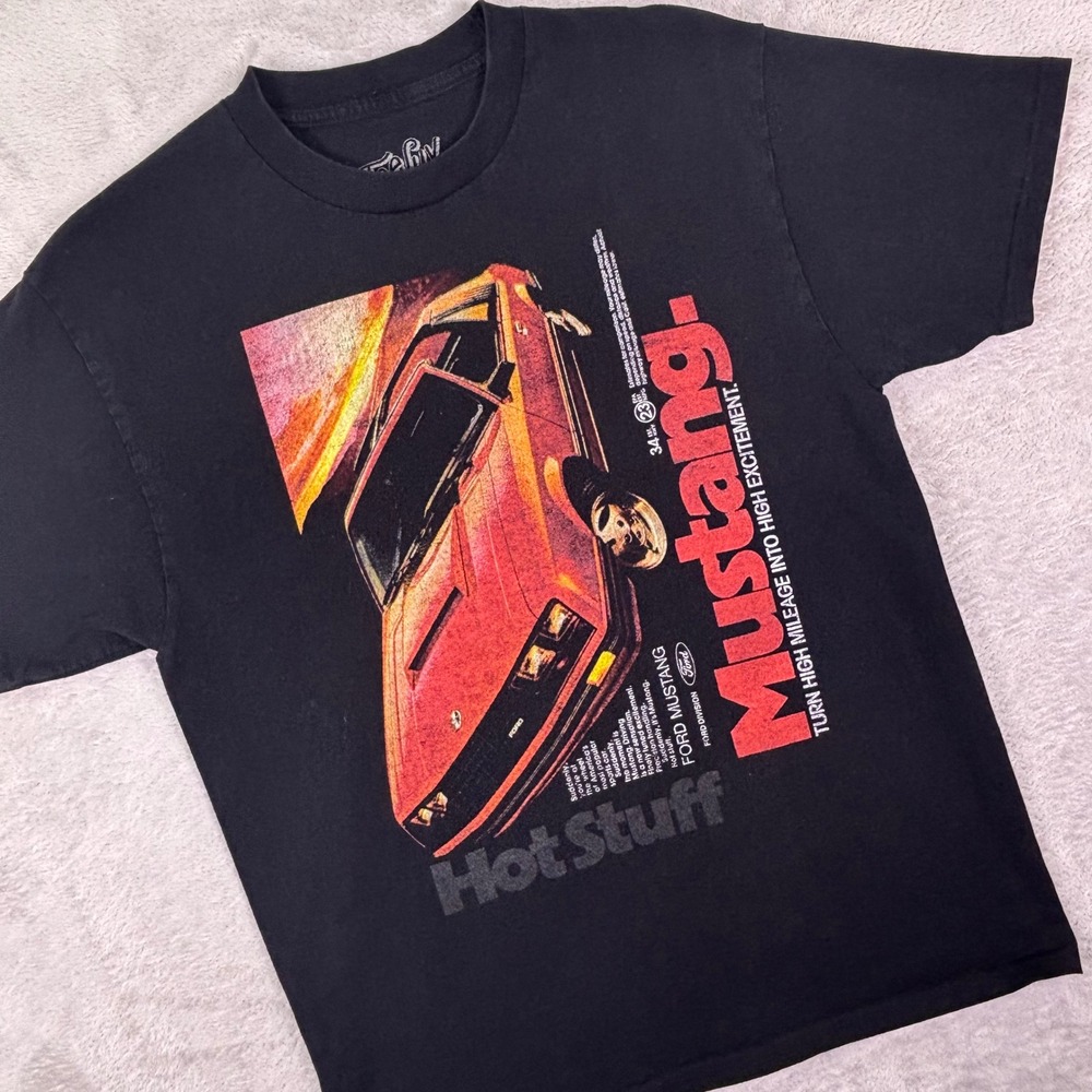 Tee Luv Men's‎ Ford Mustang Hot Stuff Black Graphic T-Shirt Medium Retro Car Tee